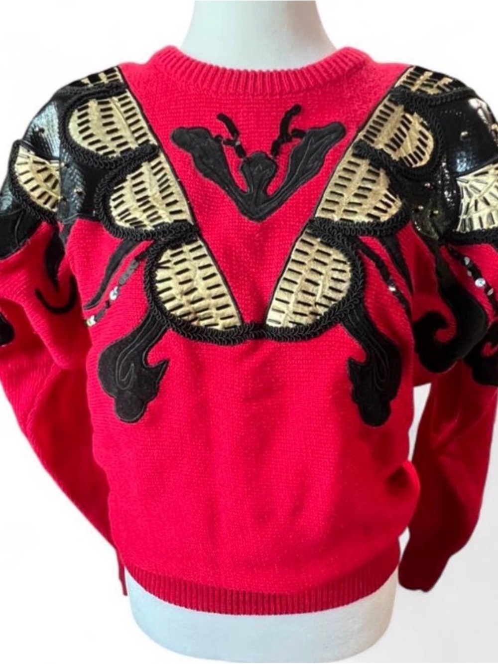 Vintage 80’s Glam Red Embellished Sweater with Black & Gold Appliqué